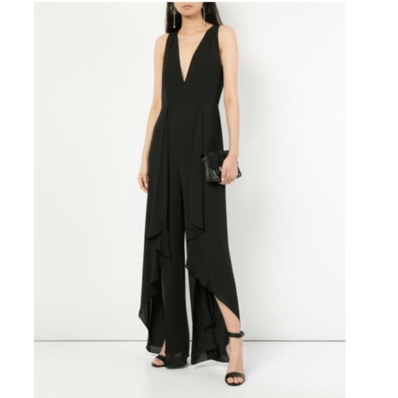 Halston Heritage V neck Ruffle Leg Jumpsuit Black Size 6 - Picture 1 of 8